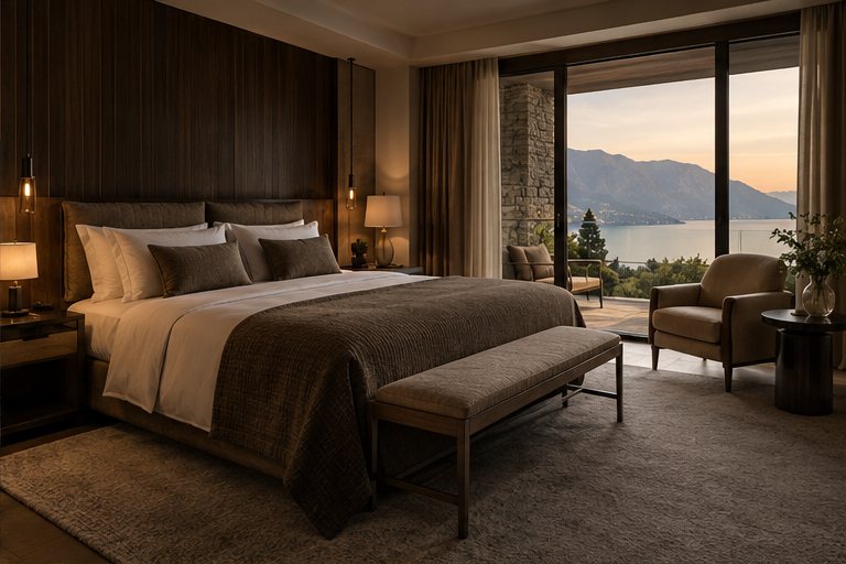 Elegantes Doppelzimmer mit Blick auf den See