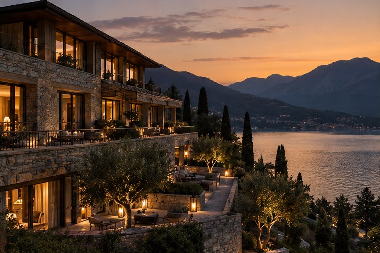 Hotelarchitektur in der Landschaft am See