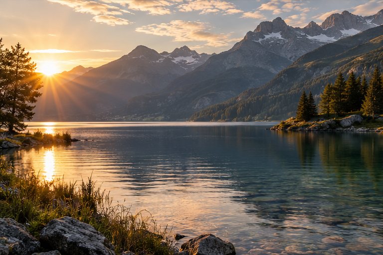 Bergsee im warmen Abendlicht