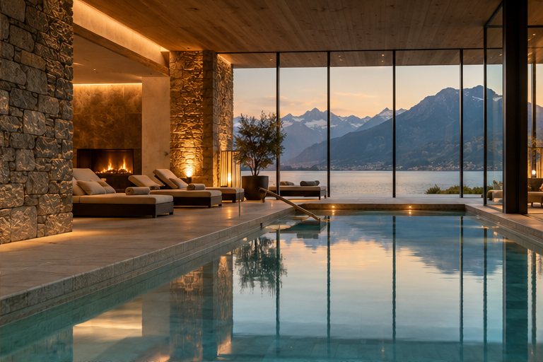 Wellnessbereich mit Pool und Blick auf die Berge